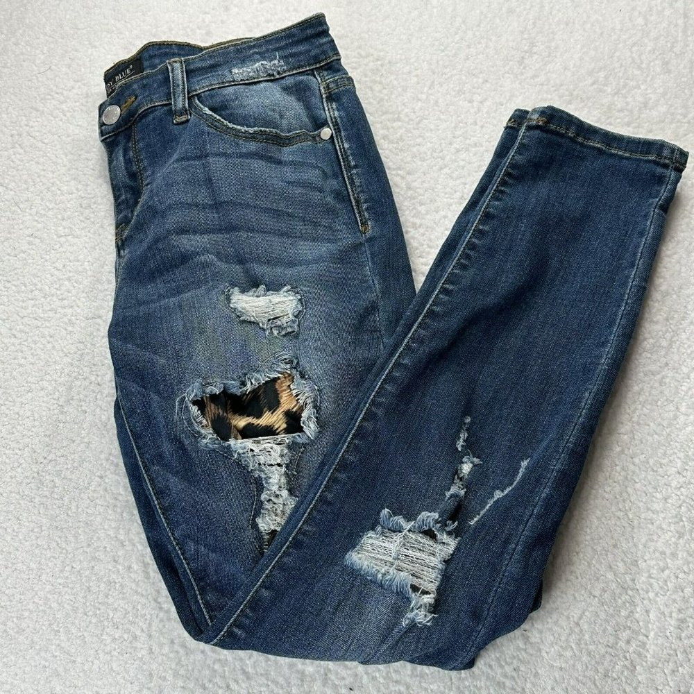 Judy Blue Women's 7 / 28 Blue Denim Skinny Fit Ankle Distressed Leopard Jeans
